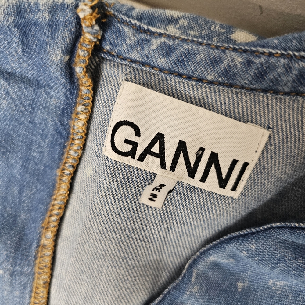 Ganni Net Sustain Ruffled Bleached Organic Denim Mini Dress Size 32 US 0 - Picture 8 of 8